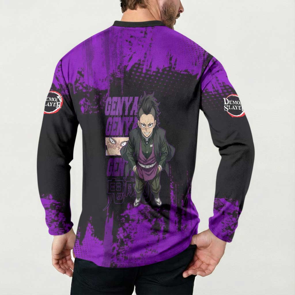 Genya Shinazugawa Demon Slayer Purple Grunge Design Button Sweatshirt with Fierce Expression and Combat Stance - The Mazicc