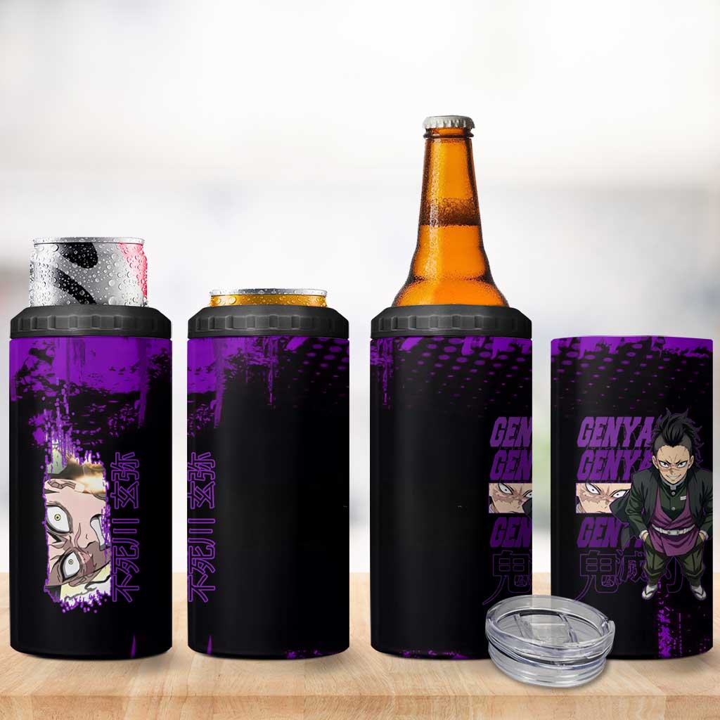 Genya Shinazugawa Demon Slayer Purple Grunge Design 4 in 1 Can Cooler Tumbler with Fierce Expression and Combat Stance - The Mazicc