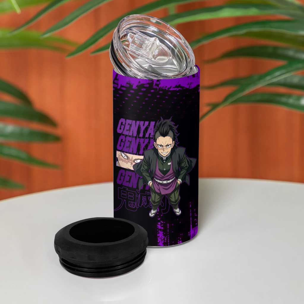 Genya Shinazugawa Demon Slayer Purple Grunge Design 4 in 1 Can Cooler Tumbler with Fierce Expression and Combat Stance - The Mazicc