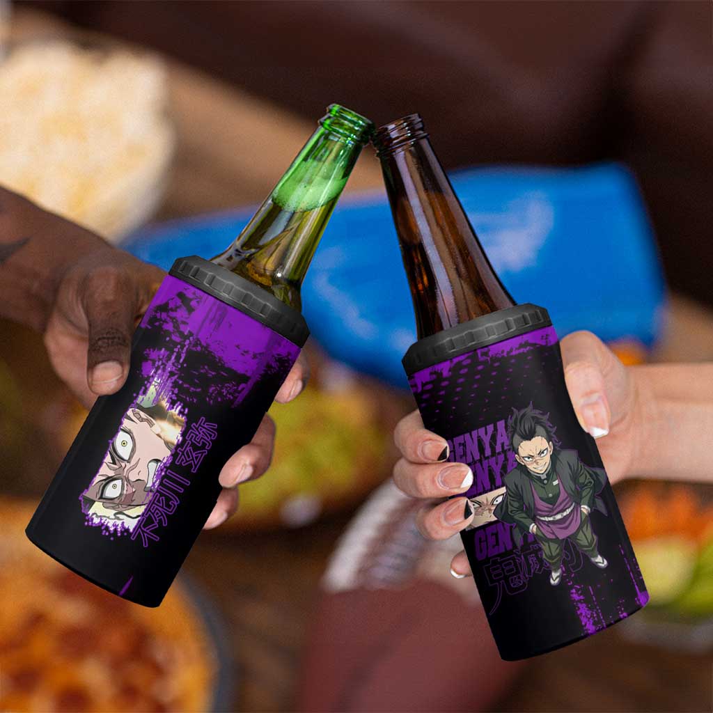 Genya Shinazugawa Demon Slayer Purple Grunge Design 4 in 1 Can Cooler Tumbler with Fierce Expression and Combat Stance - The Mazicc