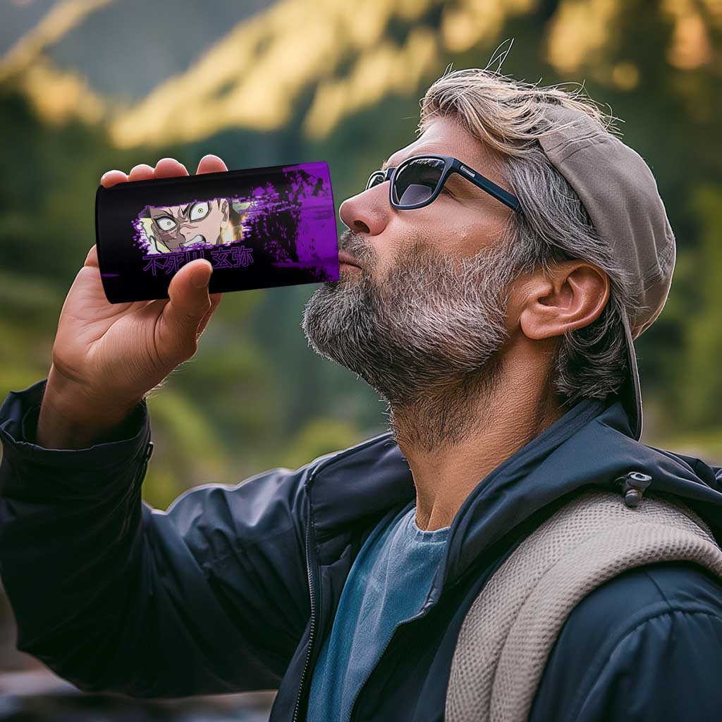 Genya Shinazugawa Demon Slayer Purple Grunge Design 4 in 1 Can Cooler Tumbler with Fierce Expression and Combat Stance - The Mazicc