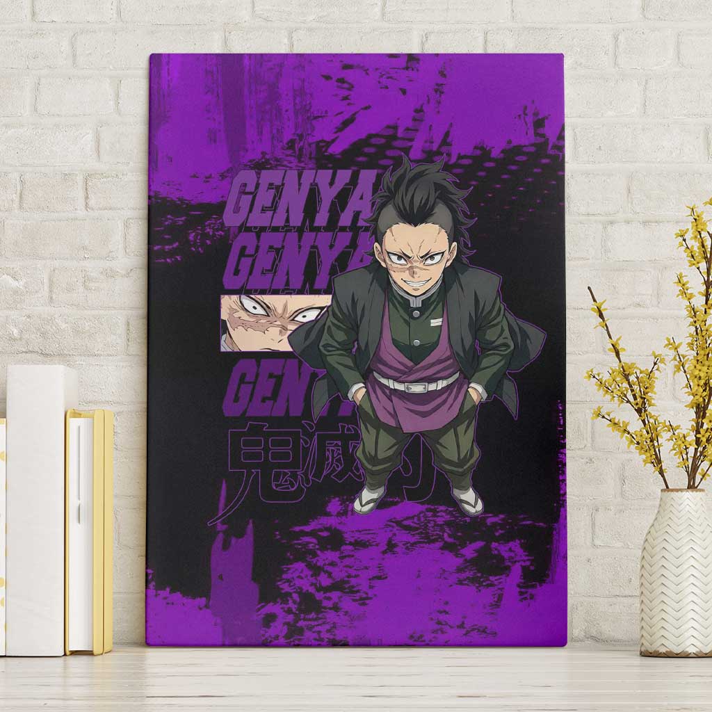 Genya Shinazugawa Demon Slayer Purple Grunge Design Canvas Wall Art with Fierce Expression and Combat Stance - The Mazicc