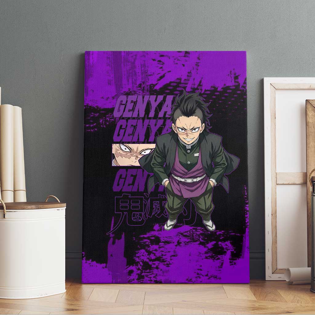 Genya Shinazugawa Demon Slayer Purple Grunge Design Canvas Wall Art with Fierce Expression and Combat Stance - The Mazicc