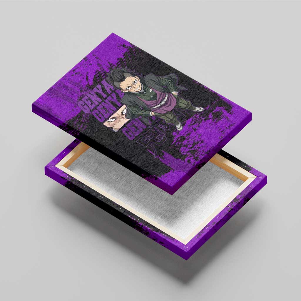 Genya Shinazugawa Demon Slayer Purple Grunge Design Canvas Wall Art with Fierce Expression and Combat Stance - The Mazicc