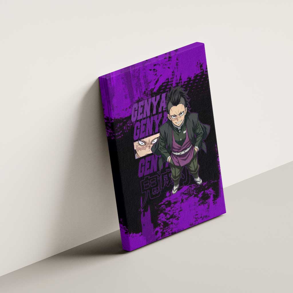 Genya Shinazugawa Demon Slayer Purple Grunge Design Canvas Wall Art with Fierce Expression and Combat Stance - The Mazicc