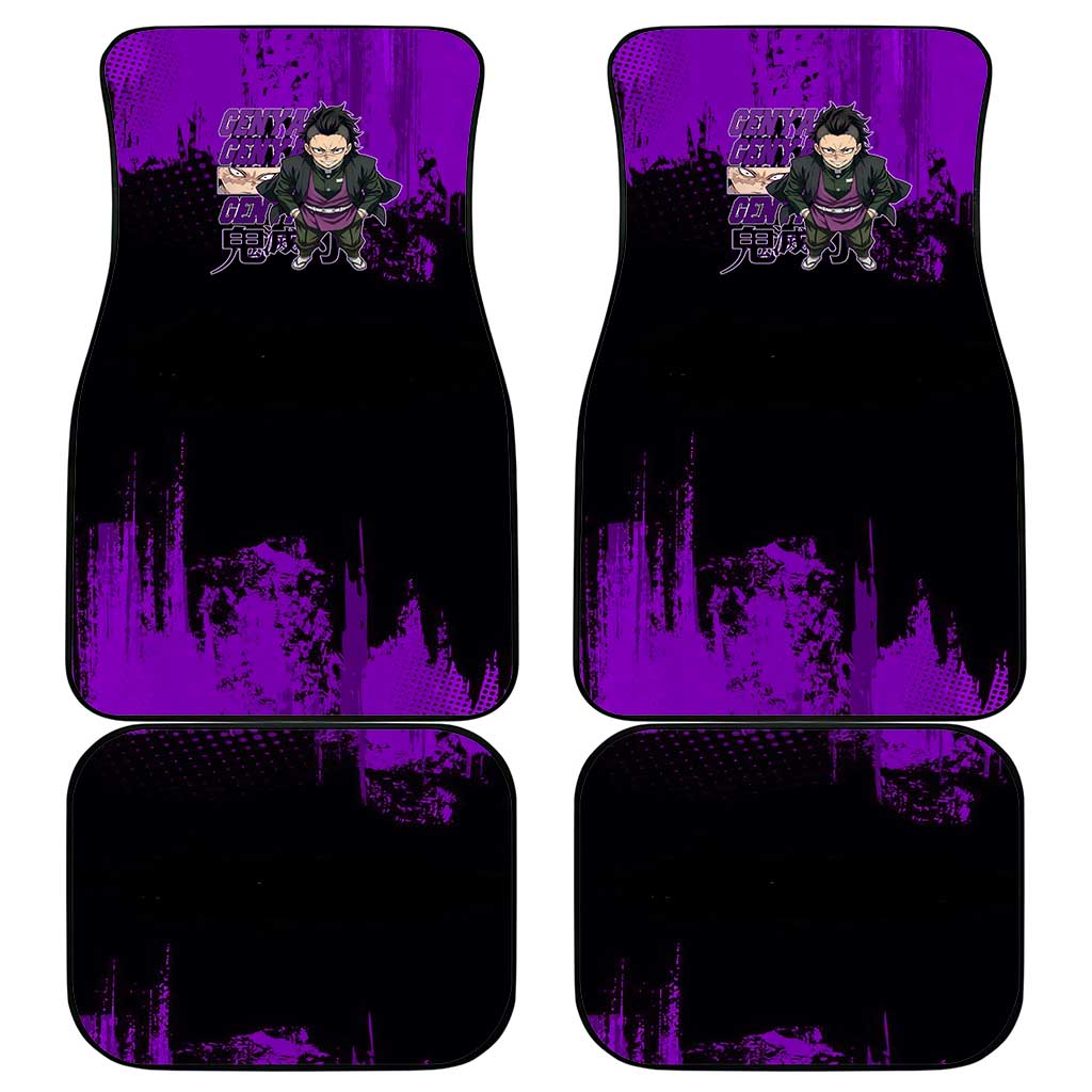 Genya Shinazugawa Demon Slayer Purple Grunge Design Car Mats with Fierce Expression and Combat Stance - The Mazicc