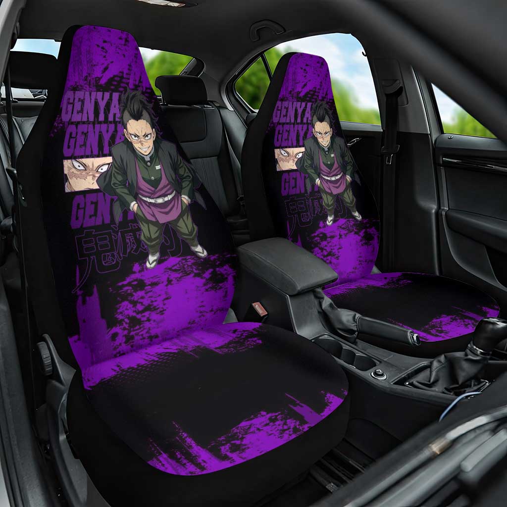 Genya Shinazugawa Demon Slayer Purple Grunge Design Car Seat Cover with Fierce Expression and Combat Stance - The Mazicc