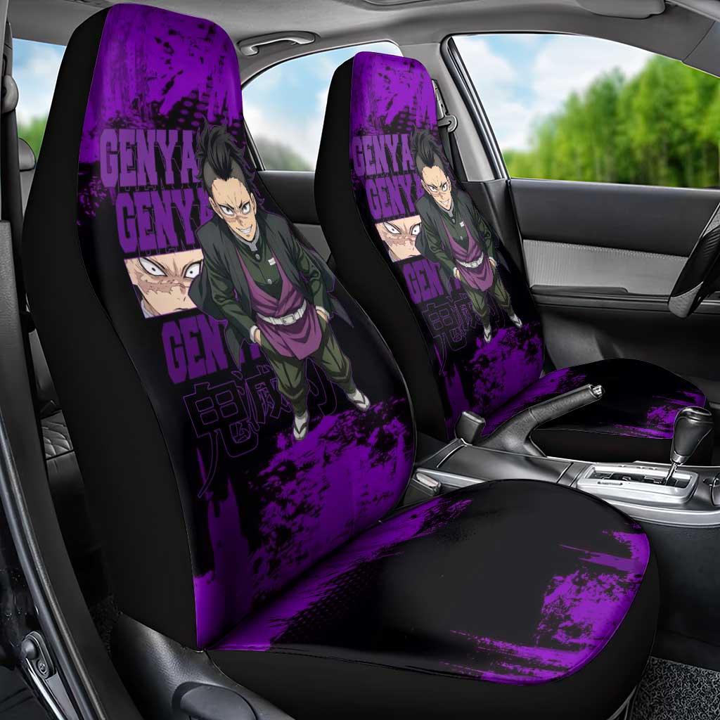 Genya Shinazugawa Demon Slayer Purple Grunge Design Car Seat Cover with Fierce Expression and Combat Stance - The Mazicc