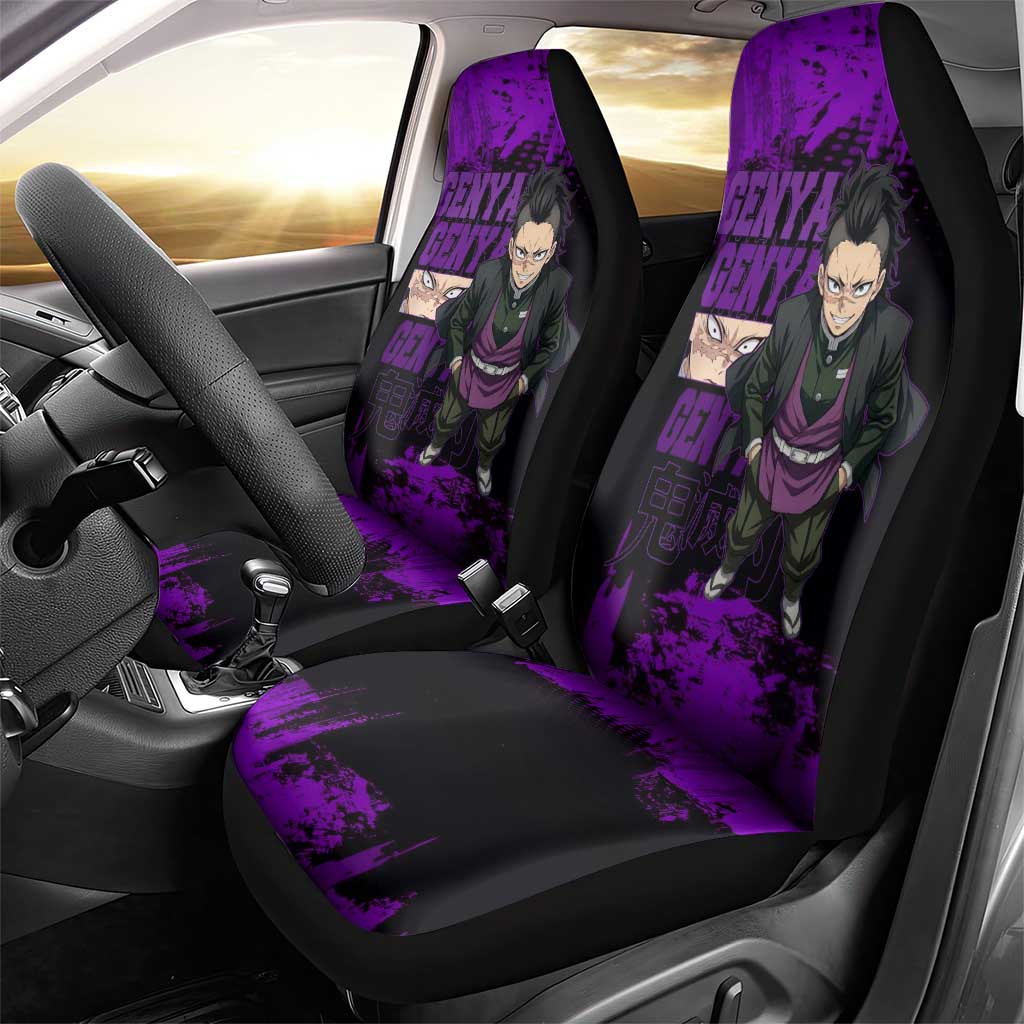 Genya Shinazugawa Demon Slayer Purple Grunge Design Car Seat Cover with Fierce Expression and Combat Stance - The Mazicc