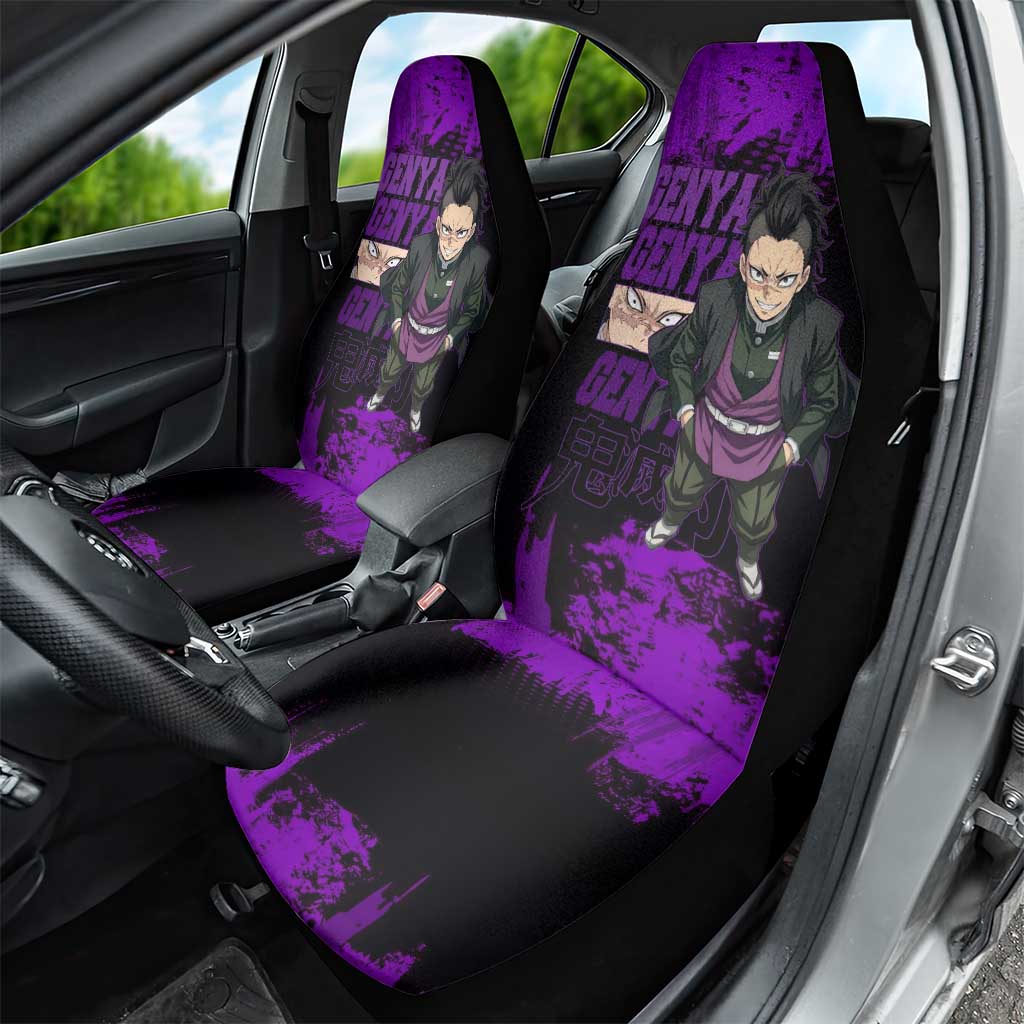 Genya Shinazugawa Demon Slayer Purple Grunge Design Car Seat Cover with Fierce Expression and Combat Stance - The Mazicc