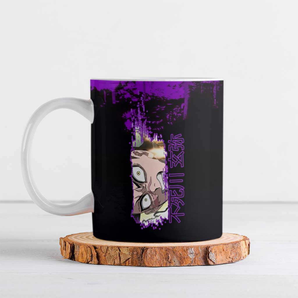 Genya Shinazugawa Demon Slayer Purple Grunge Design Ceramic Mug with Fierce Expression and Combat Stance - The Mazicc