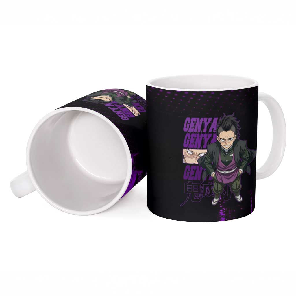 Genya Shinazugawa Demon Slayer Purple Grunge Design Ceramic Mug with Fierce Expression and Combat Stance - The Mazicc