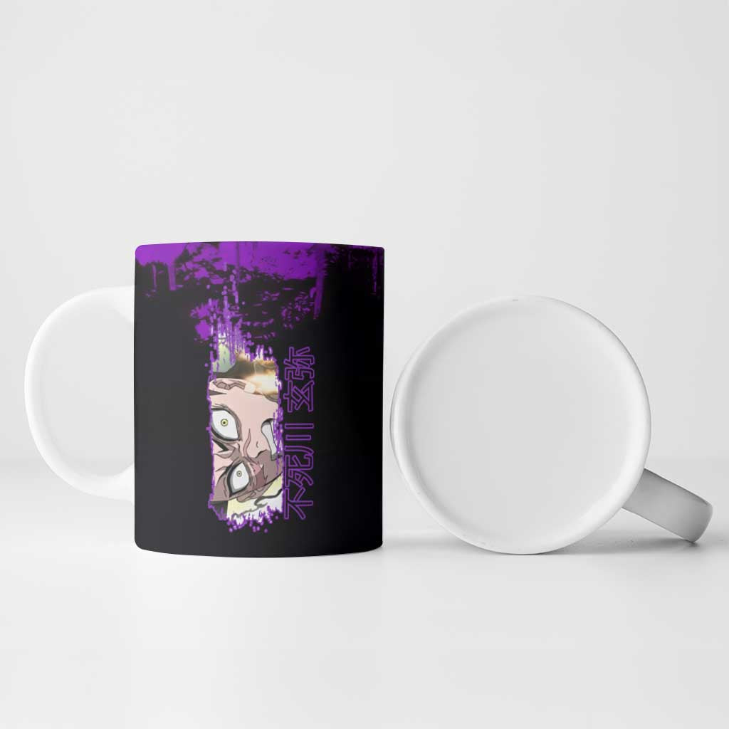 Genya Shinazugawa Demon Slayer Purple Grunge Design Ceramic Mug with Fierce Expression and Combat Stance - The Mazicc