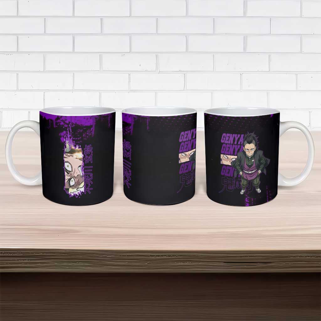 Genya Shinazugawa Demon Slayer Purple Grunge Design Ceramic Mug with Fierce Expression and Combat Stance - The Mazicc