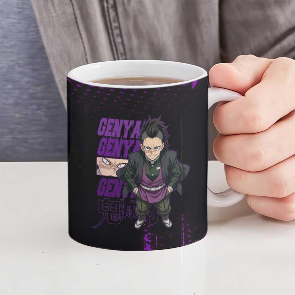 Genya Shinazugawa Demon Slayer Purple Grunge Design Ceramic Mug with Fierce Expression and Combat Stance - The Mazicc