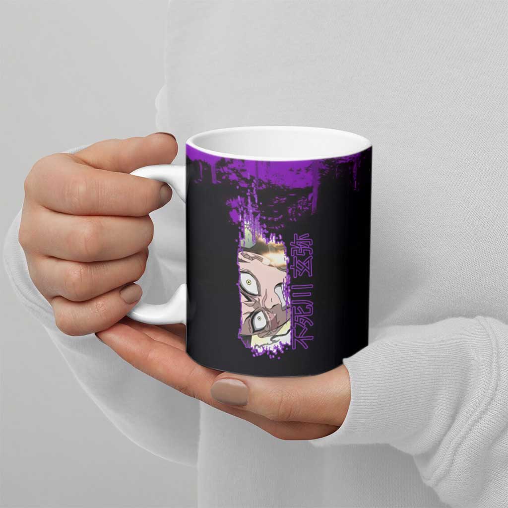Genya Shinazugawa Demon Slayer Purple Grunge Design Ceramic Mug with Fierce Expression and Combat Stance - The Mazicc