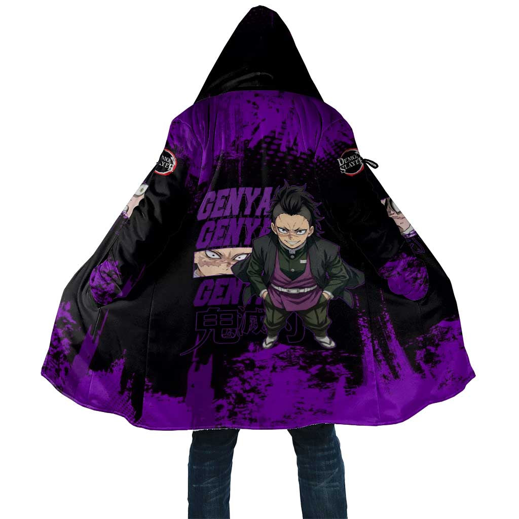 Genya Shinazugawa Demon Slayer Purple Grunge Design Cloak with Fierce Expression and Combat Stance - The Mazicc