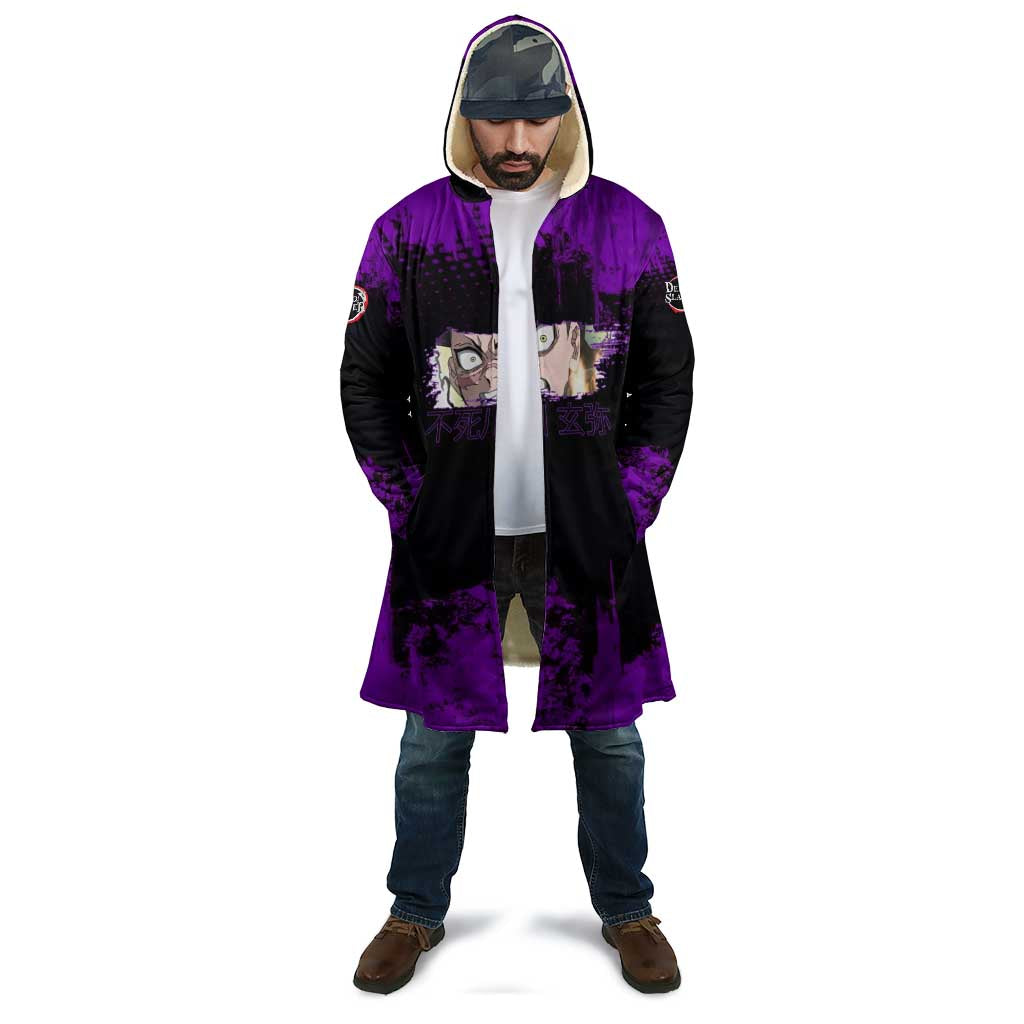Genya Shinazugawa Demon Slayer Purple Grunge Design Cloak with Fierce Expression and Combat Stance - The Mazicc