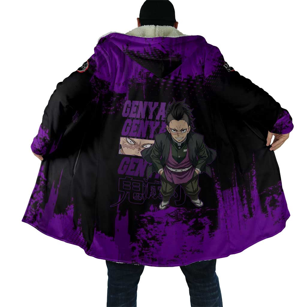 Genya Shinazugawa Demon Slayer Purple Grunge Design Cloak with Fierce Expression and Combat Stance - The Mazicc