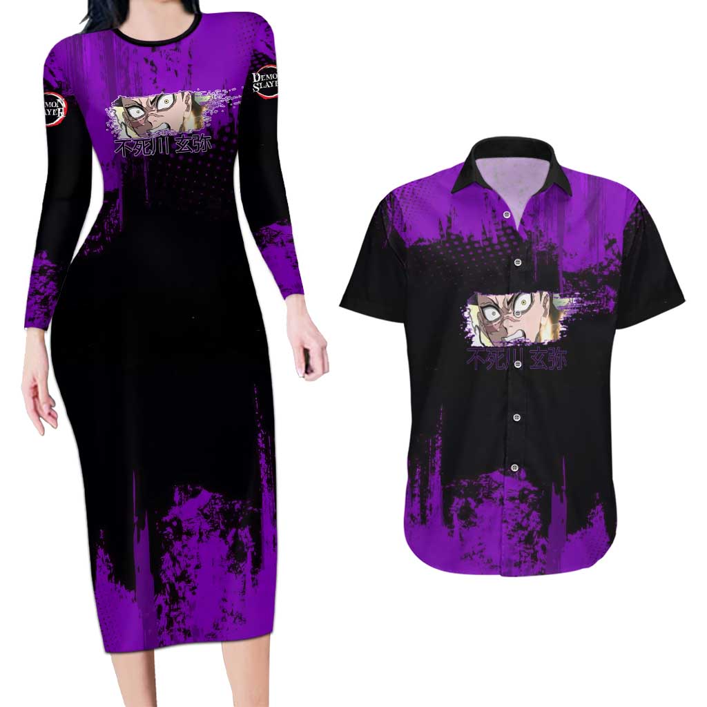 Genya Shinazugawa Demon Slayer Purple Grunge Design Couples Matching Long Sleeve Bodycon Dress and Hawaiian Shirt with Fierce Expression and Combat Stance - The Mazicc