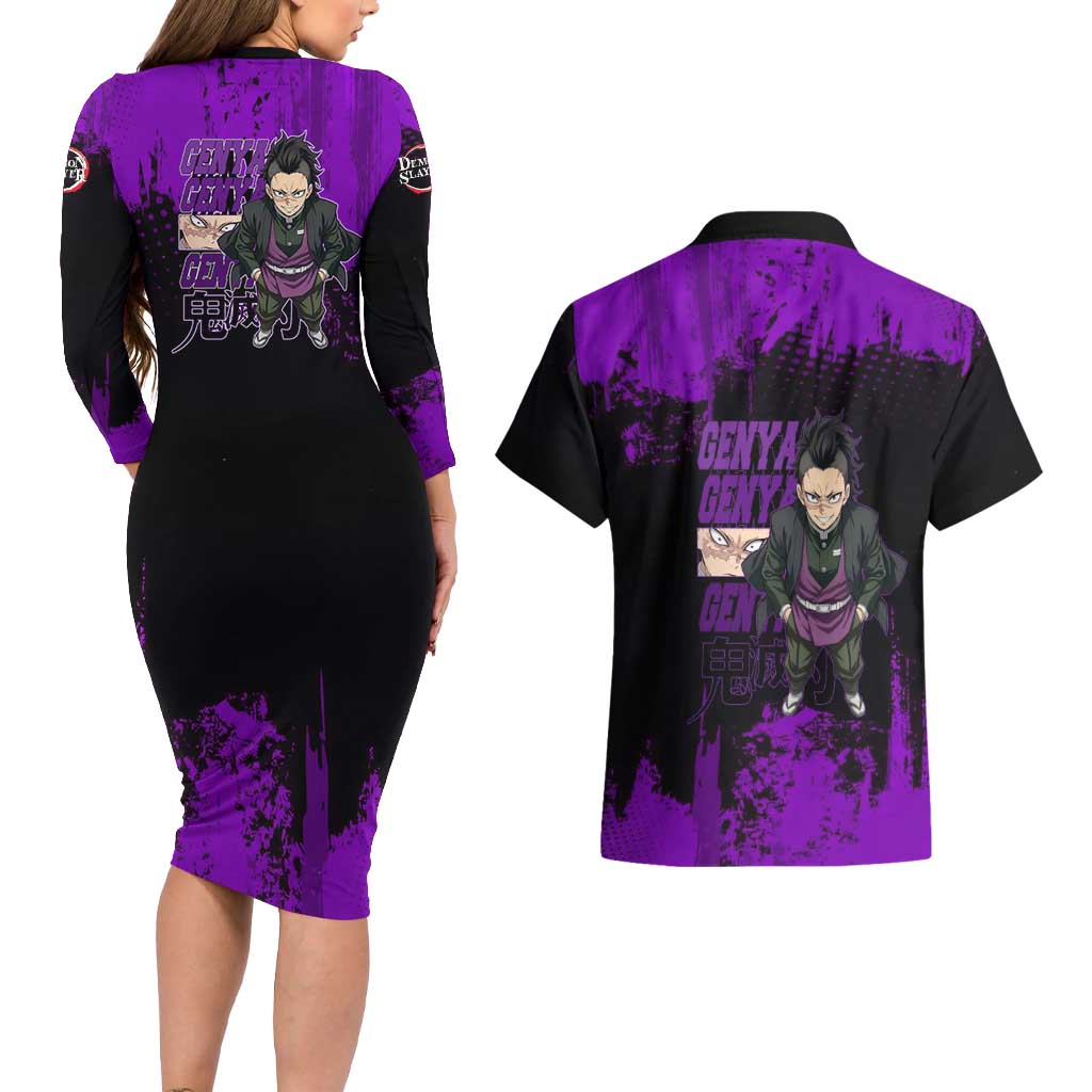 Genya Shinazugawa Demon Slayer Purple Grunge Design Couples Matching Long Sleeve Bodycon Dress and Hawaiian Shirt with Fierce Expression and Combat Stance - The Mazicc