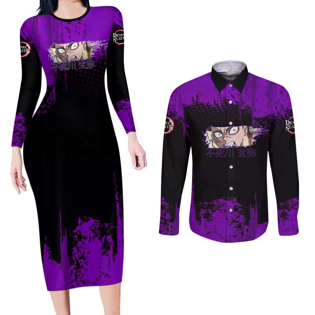 Genya Shinazugawa Demon Slayer Purple Grunge Design Couples Matching Long Sleeve Bodycon Dress and Long Sleeve Button Shirt with Fierce Expression and Combat Stance - The Mazicc