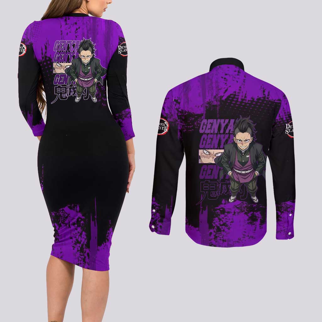 Genya Shinazugawa Demon Slayer Purple Grunge Design Couples Matching Long Sleeve Bodycon Dress and Long Sleeve Button Shirt with Fierce Expression and Combat Stance - The Mazicc