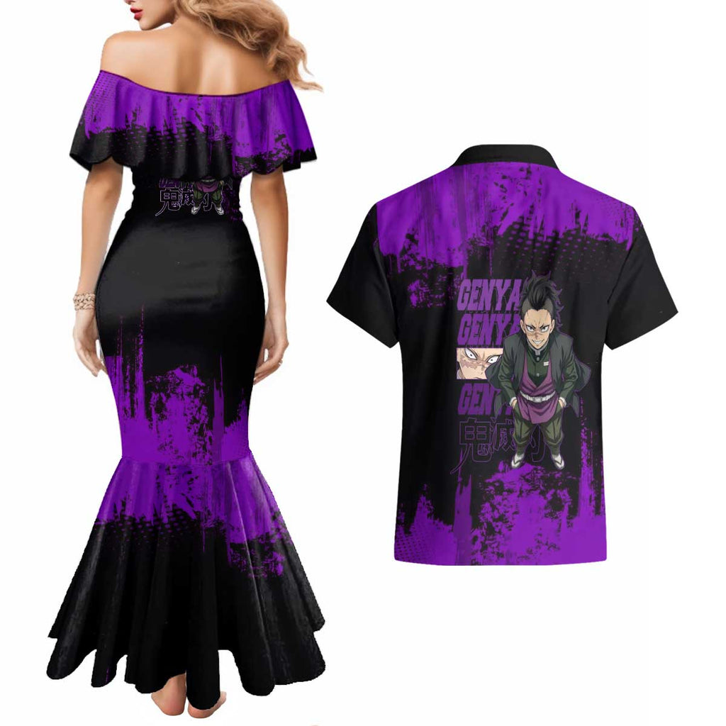 Genya Shinazugawa Demon Slayer Purple Grunge Design Couples Matching Mermaid Dress and Hawaiian Shirt with Fierce Expression and Combat Stance - The Mazicc