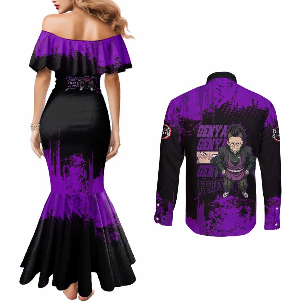 Genya Shinazugawa Demon Slayer Purple Grunge Design Couples Matching Mermaid Dress and Long Sleeve Button Shirt with Fierce Expression and Combat Stance - The Mazicc