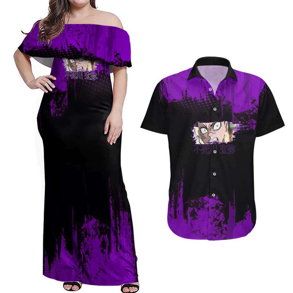 Genya Shinazugawa Demon Slayer Purple Grunge Design Couples Matching Off Shoulder Maxi Dress and Hawaiian Shirt with Fierce Expression and Combat Stance - The Mazicc