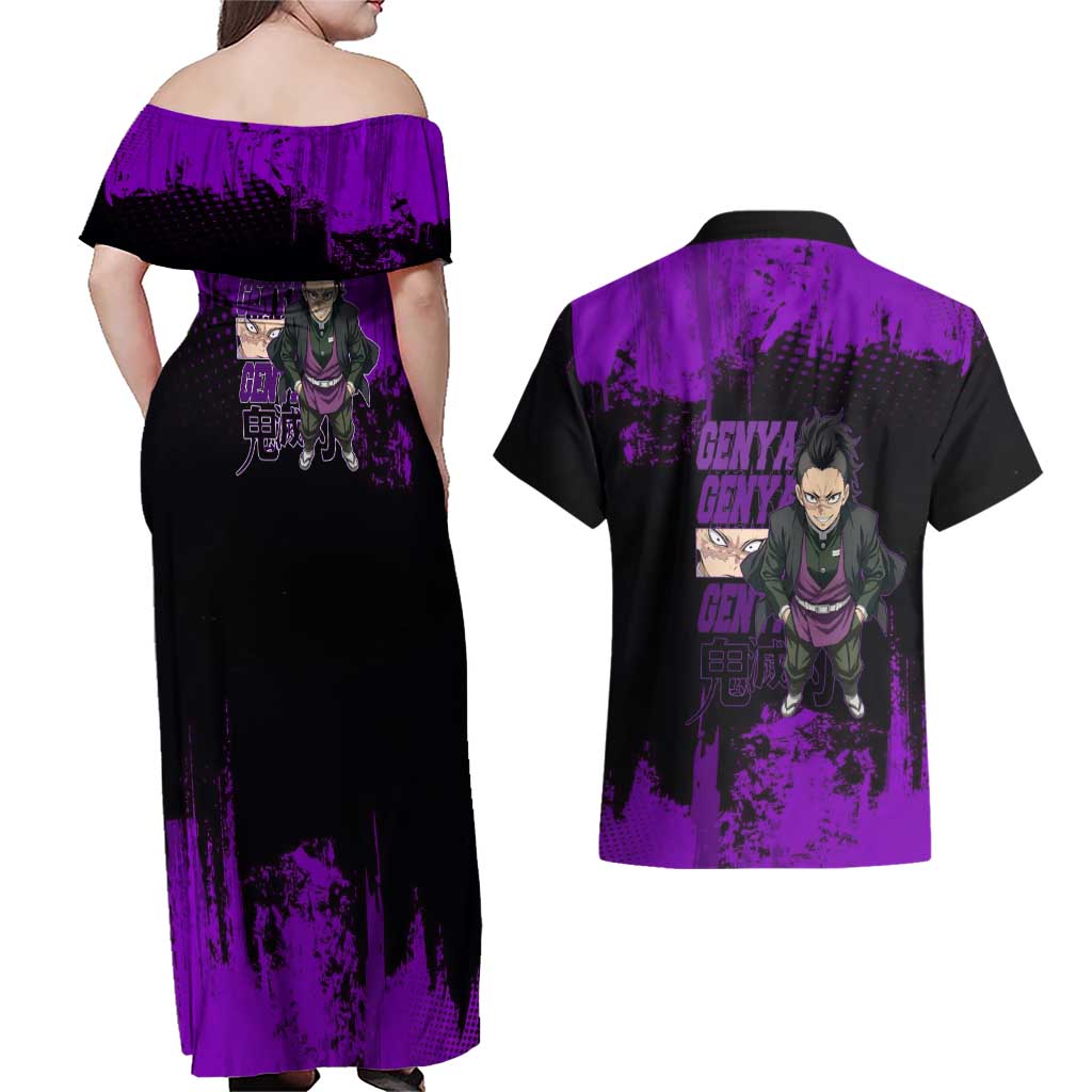 Genya Shinazugawa Demon Slayer Purple Grunge Design Couples Matching Off Shoulder Maxi Dress and Hawaiian Shirt with Fierce Expression and Combat Stance - The Mazicc