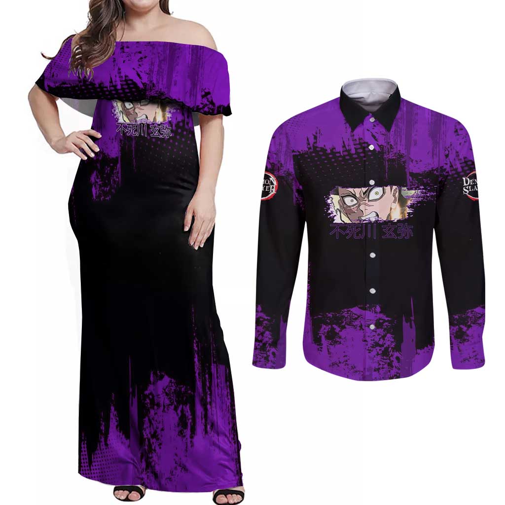 Genya Shinazugawa Demon Slayer Purple Grunge Design Couples Matching Off Shoulder Maxi Dress and Long Sleeve Button Shirt with Fierce Expression and Combat Stance - The Mazicc