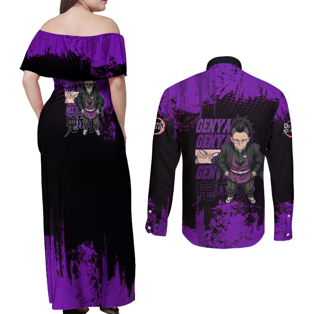 Genya Shinazugawa Demon Slayer Purple Grunge Design Couples Matching Off Shoulder Maxi Dress and Long Sleeve Button Shirt with Fierce Expression and Combat Stance - The Mazicc