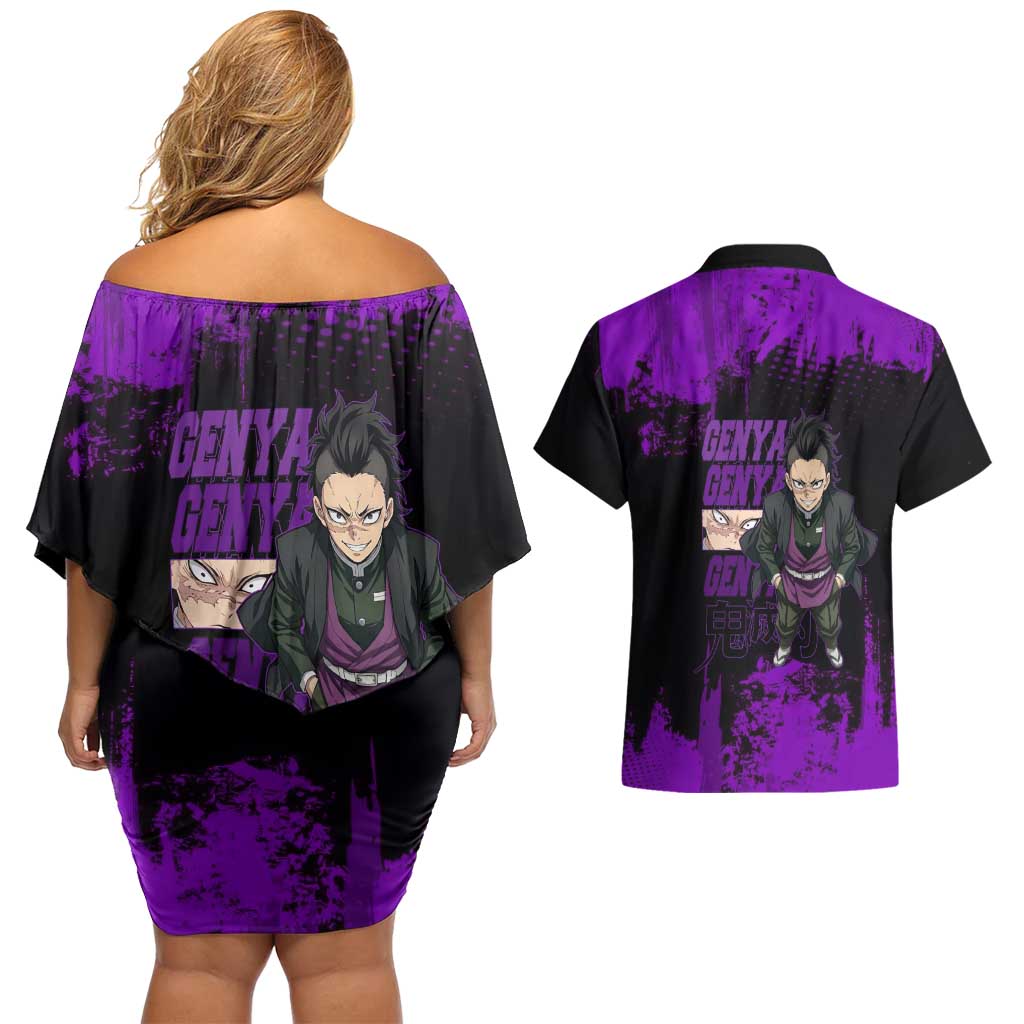 Genya Shinazugawa Demon Slayer Purple Grunge Design Couples Matching Off Shoulder Short Dress and Hawaiian Shirt with Fierce Expression and Combat Stance - The Mazicc