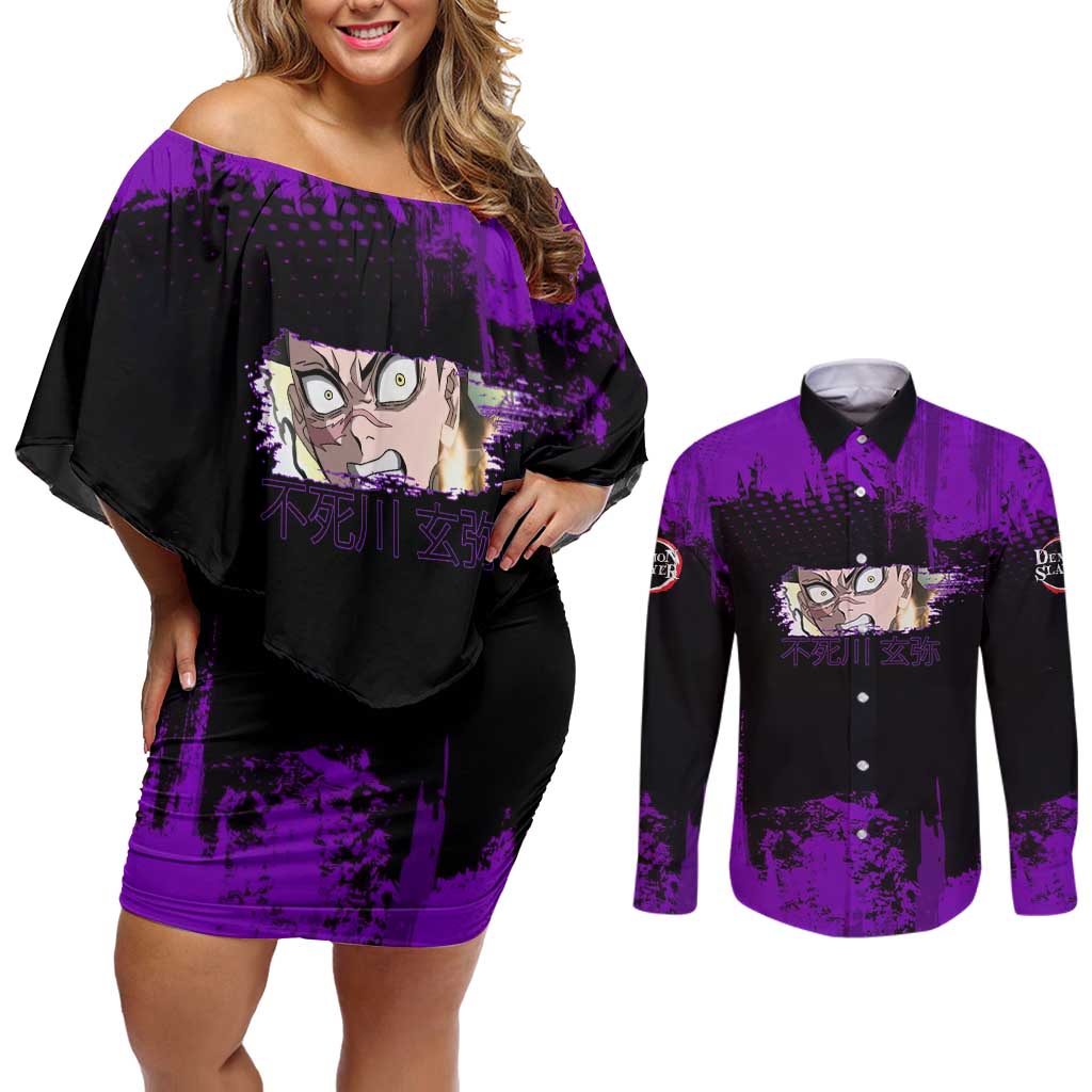 Genya Shinazugawa Demon Slayer Purple Grunge Design Couples Matching Off Shoulder Short Dress and Long Sleeve Button Shirt with Fierce Expression and Combat Stance - The Mazicc