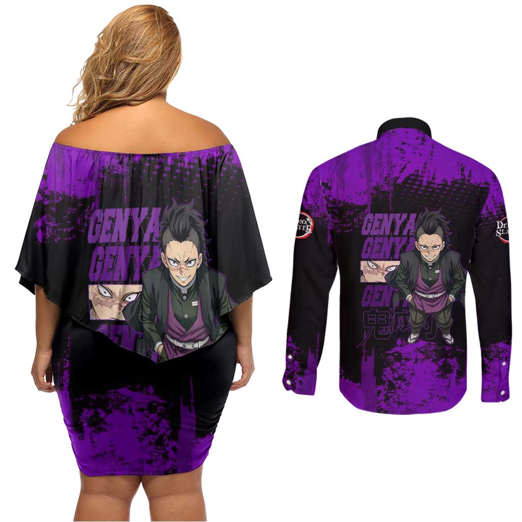 Genya Shinazugawa Demon Slayer Purple Grunge Design Couples Matching Off Shoulder Short Dress and Long Sleeve Button Shirt with Fierce Expression and Combat Stance - The Mazicc