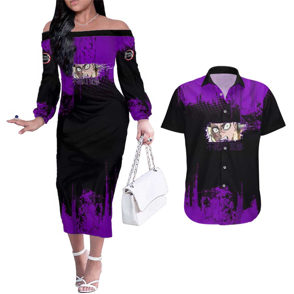 Genya Shinazugawa Demon Slayer Purple Grunge Design Couples Matching Off The Shoulder Long Sleeve Dress and Hawaiian Shirt with Fierce Expression and Combat Stance - The Mazicc
