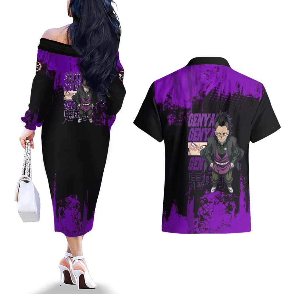 Genya Shinazugawa Demon Slayer Purple Grunge Design Couples Matching Off The Shoulder Long Sleeve Dress and Hawaiian Shirt with Fierce Expression and Combat Stance - The Mazicc