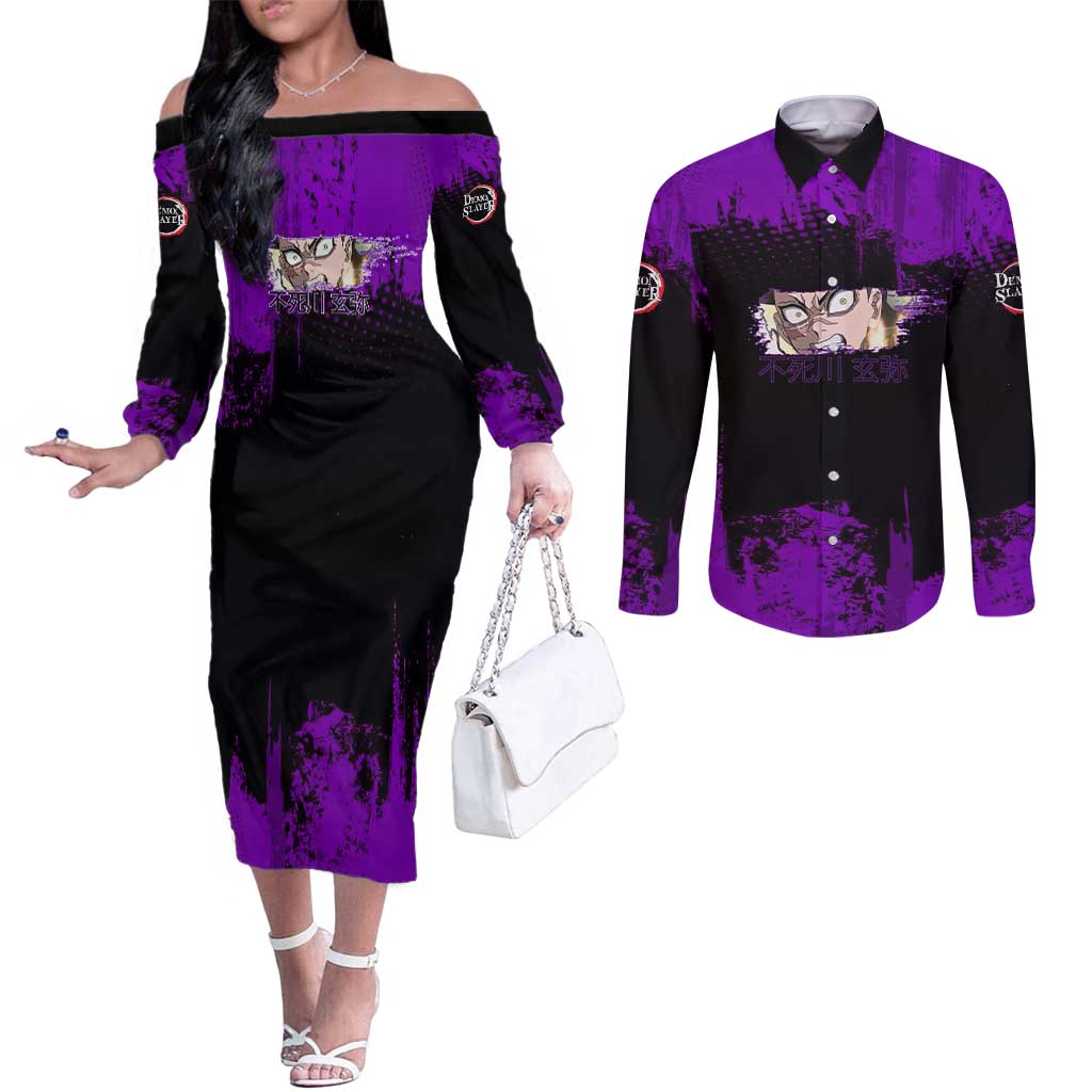 Genya Shinazugawa Demon Slayer Purple Grunge Design Couples Matching Off The Shoulder Long Sleeve Dress and Long Sleeve Button Shirt with Fierce Expression and Combat Stance - The Mazicc