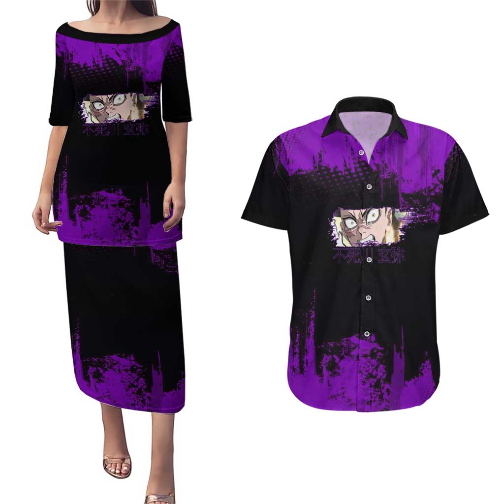 Genya Shinazugawa Demon Slayer Purple Grunge Design Couples Matching Puletasi and Hawaiian Shirt with Fierce Expression and Combat Stance - The Mazicc