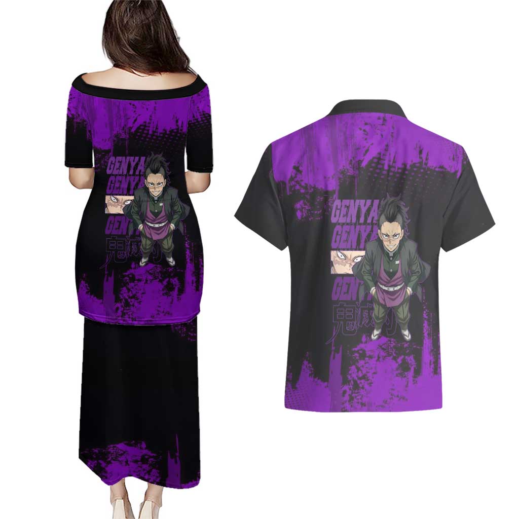 Genya Shinazugawa Demon Slayer Purple Grunge Design Couples Matching Puletasi and Hawaiian Shirt with Fierce Expression and Combat Stance - The Mazicc