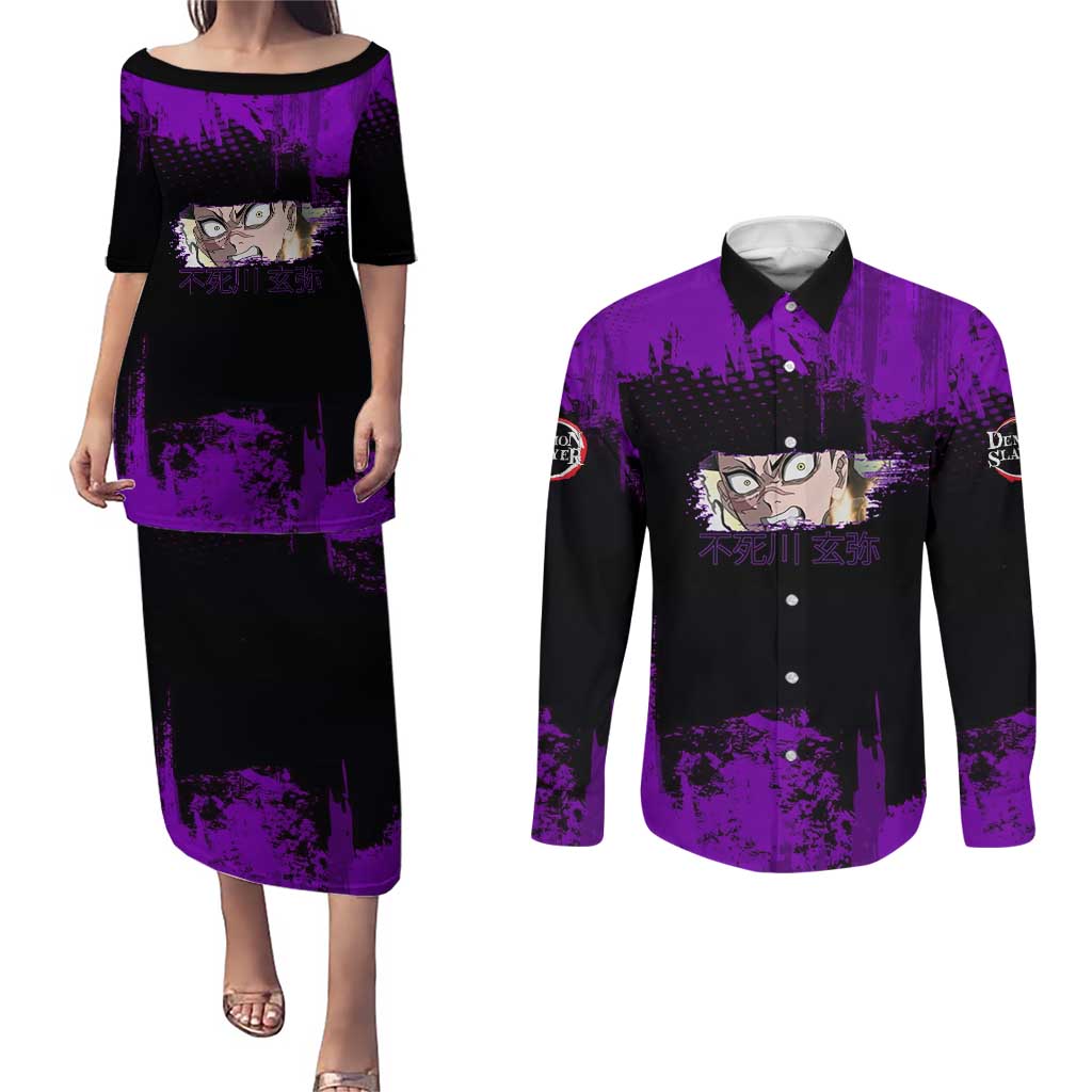 Genya Shinazugawa Demon Slayer Purple Grunge Design Couples Matching Puletasi and Long Sleeve Button Shirt with Fierce Expression and Combat Stance - The Mazicc