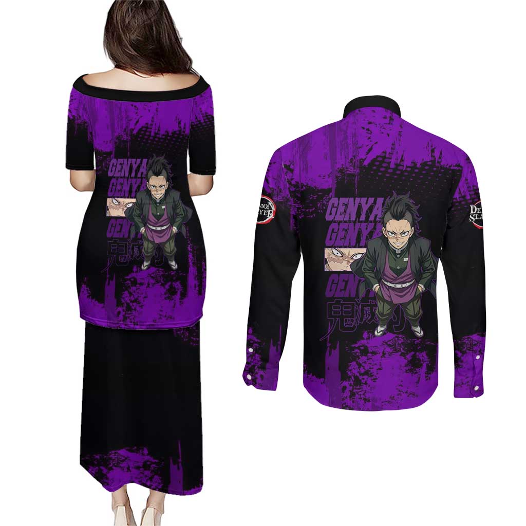 Genya Shinazugawa Demon Slayer Purple Grunge Design Couples Matching Puletasi and Long Sleeve Button Shirt with Fierce Expression and Combat Stance - The Mazicc