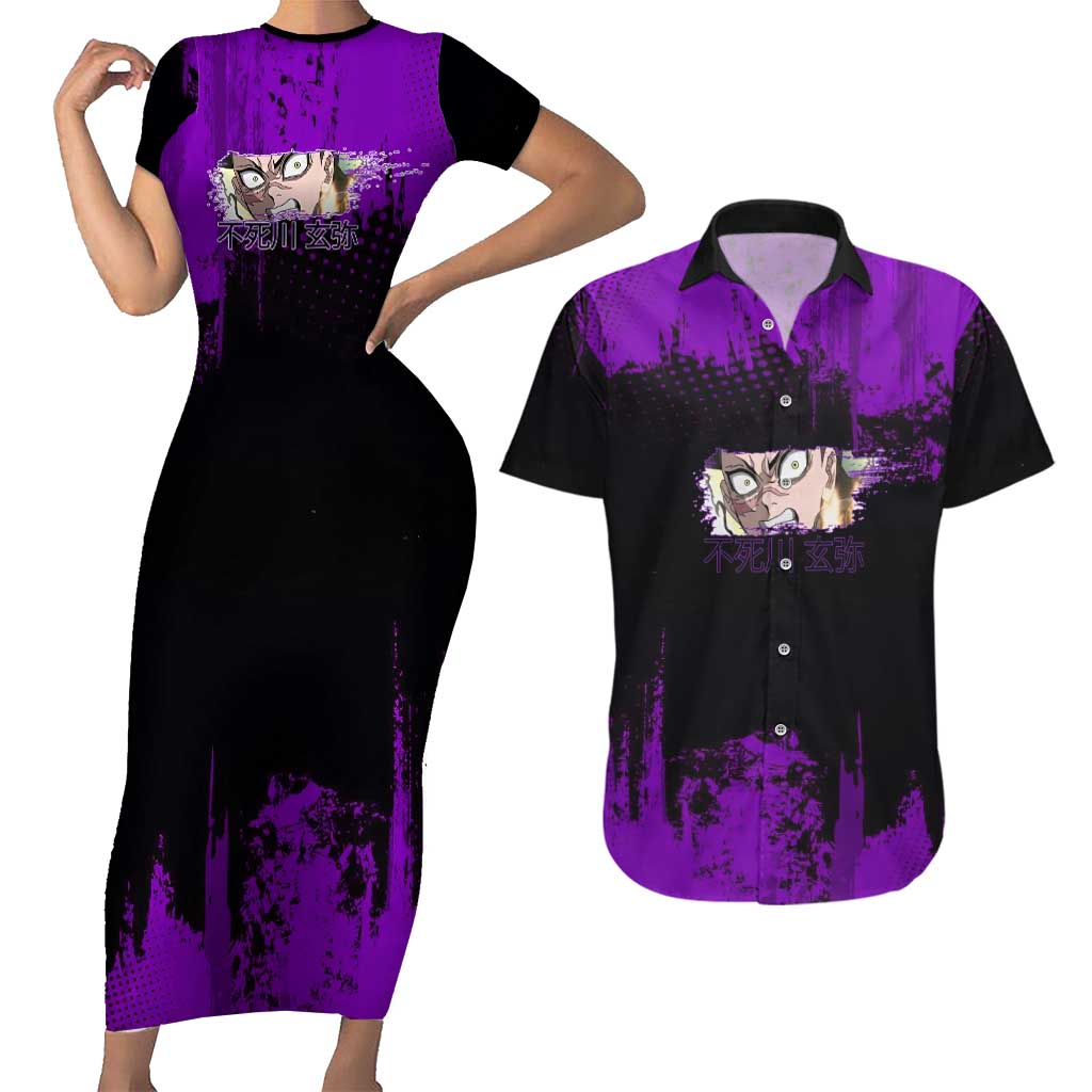 Genya Shinazugawa Demon Slayer Purple Grunge Design Couples Matching Short Sleeve Bodycon Dress and Hawaiian Shirt with Fierce Expression and Combat Stance - The Mazicc