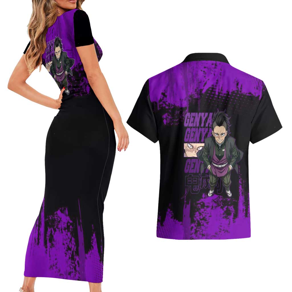 Genya Shinazugawa Demon Slayer Purple Grunge Design Couples Matching Short Sleeve Bodycon Dress and Hawaiian Shirt with Fierce Expression and Combat Stance - The Mazicc
