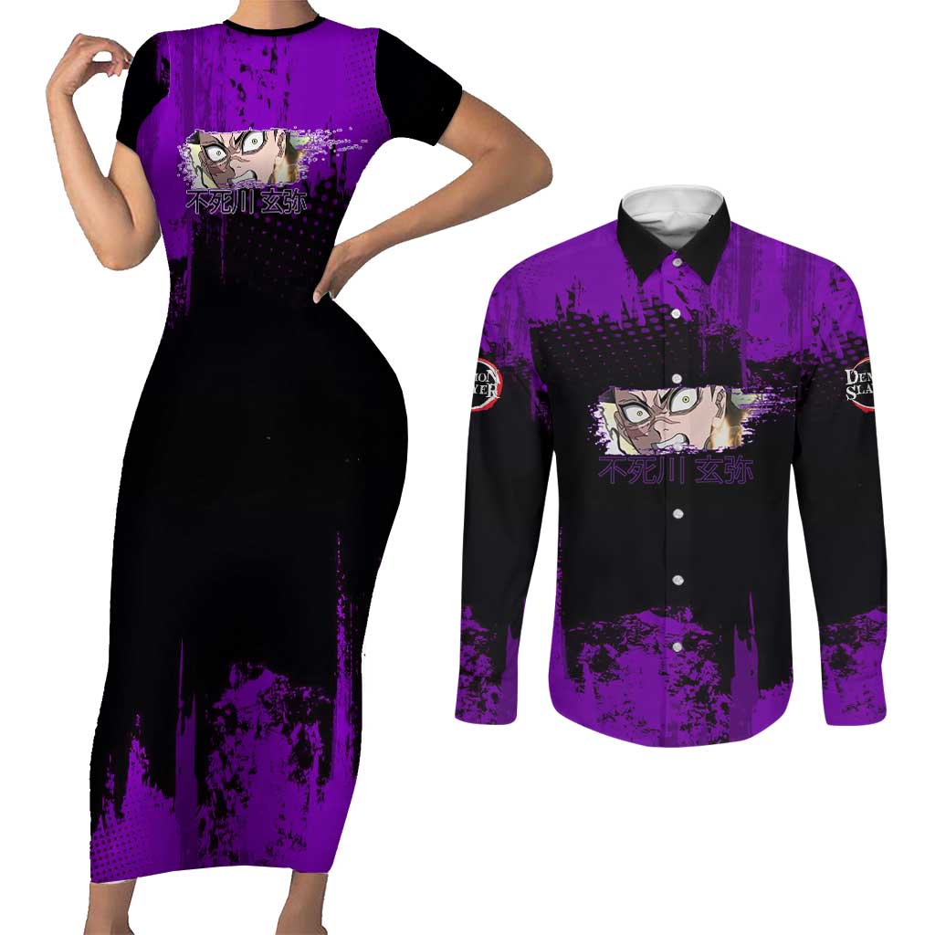 Genya Shinazugawa Demon Slayer Purple Grunge Design Couples Matching Short Sleeve Bodycon Dress and Long Sleeve Button Shirt with Fierce Expression and Combat Stance - The Mazicc