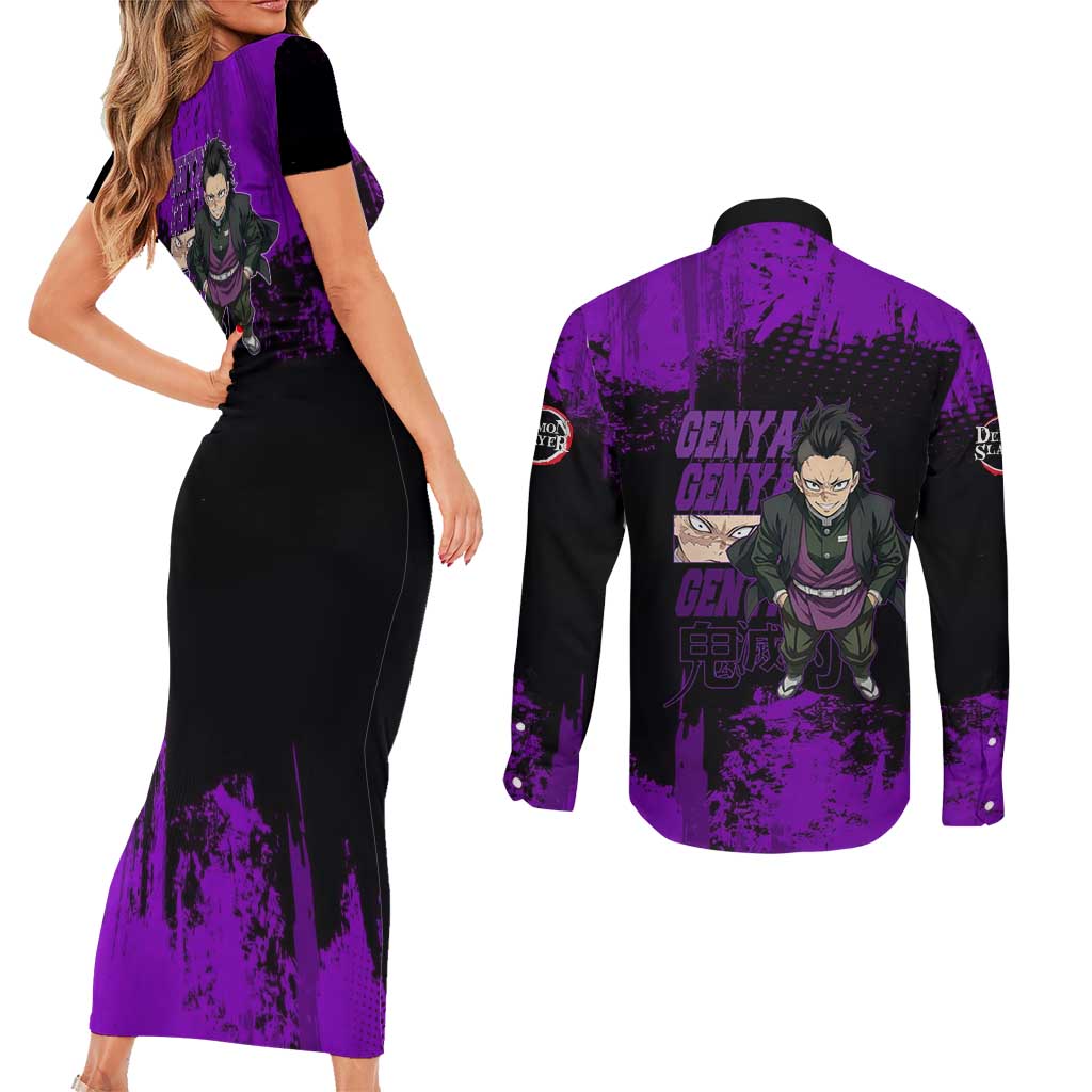 Genya Shinazugawa Demon Slayer Purple Grunge Design Couples Matching Short Sleeve Bodycon Dress and Long Sleeve Button Shirt with Fierce Expression and Combat Stance - The Mazicc