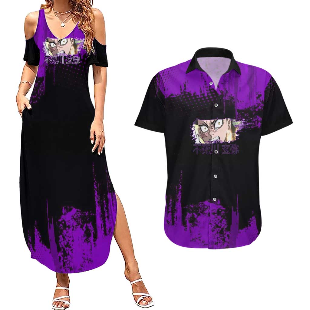 Genya Shinazugawa Demon Slayer Purple Grunge Design Couples Matching Summer Maxi Dress and Hawaiian Shirt with Fierce Expression and Combat Stance - The Mazicc