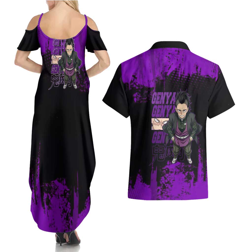 Genya Shinazugawa Demon Slayer Purple Grunge Design Couples Matching Summer Maxi Dress and Hawaiian Shirt with Fierce Expression and Combat Stance - The Mazicc