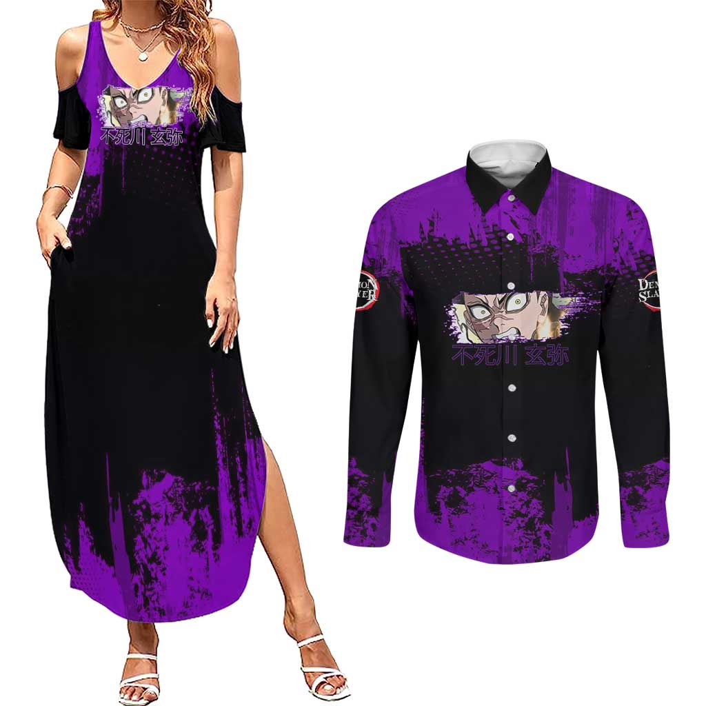 Genya Shinazugawa Demon Slayer Purple Grunge Design Couples Matching Summer Maxi Dress and Long Sleeve Button Shirt with Fierce Expression and Combat Stance - The Mazicc